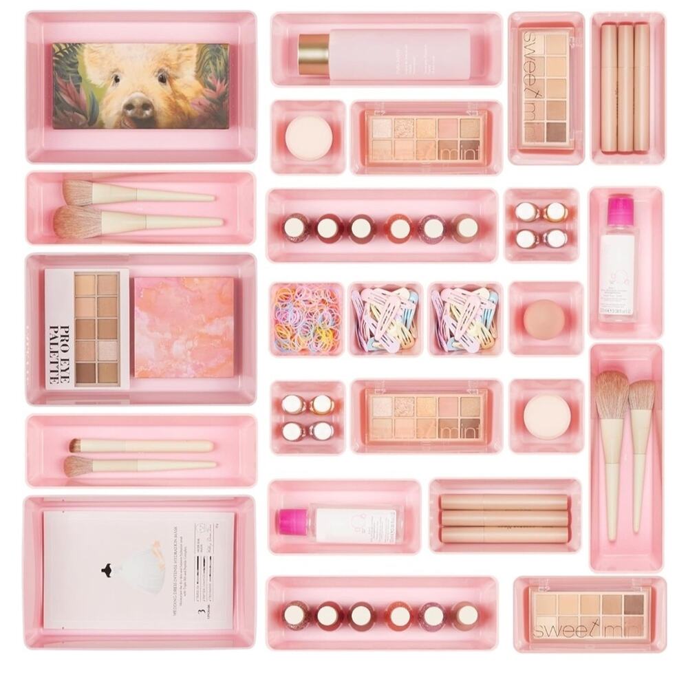 25 PCS Drawer Organizers, 4-Size Versatile Bathroom & Vanity Trays, Pink